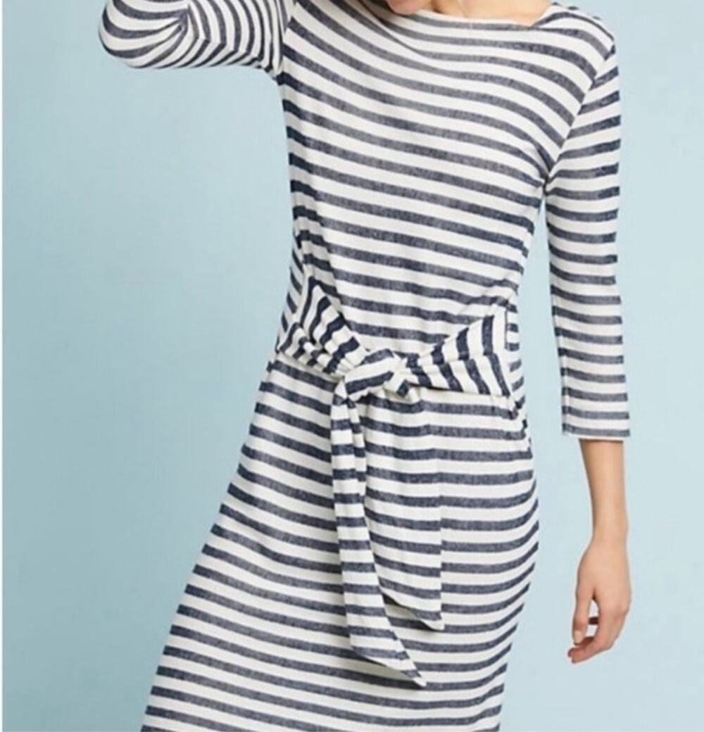 Anthropologie T.La Becky Striped Tie-Waist Dress Medium Knit 3/4 Sleeve